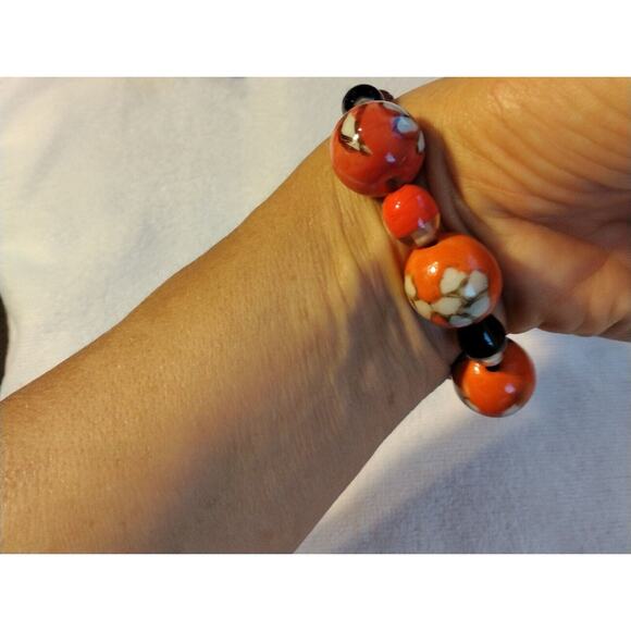 Millefiori Murano 7” Bracelet Glass LARGE Beads Orange Floral Stretch Bohemian - Picture 3 of 12